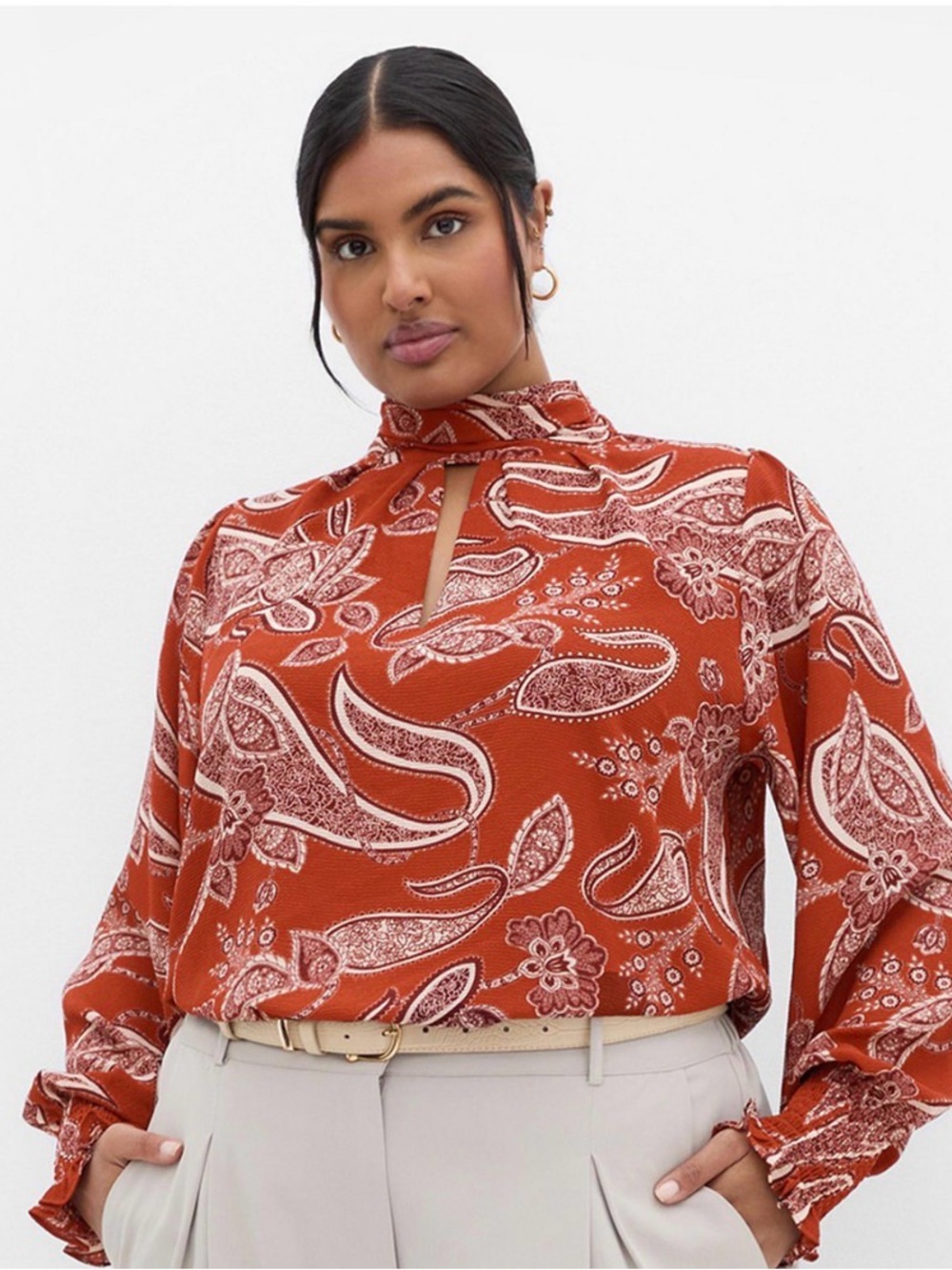 Rust Paisley Keyhole Long-Sleeve Women's Blouse